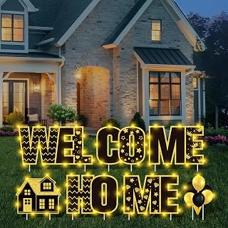 7PCS Black Gold Welcome Home Yard Signs with Stakes LED Light Welcome Home Lawn Sign for Patriotic Homecoming Military Army Deployment Returning Family Reunion Garden Yard Decorations