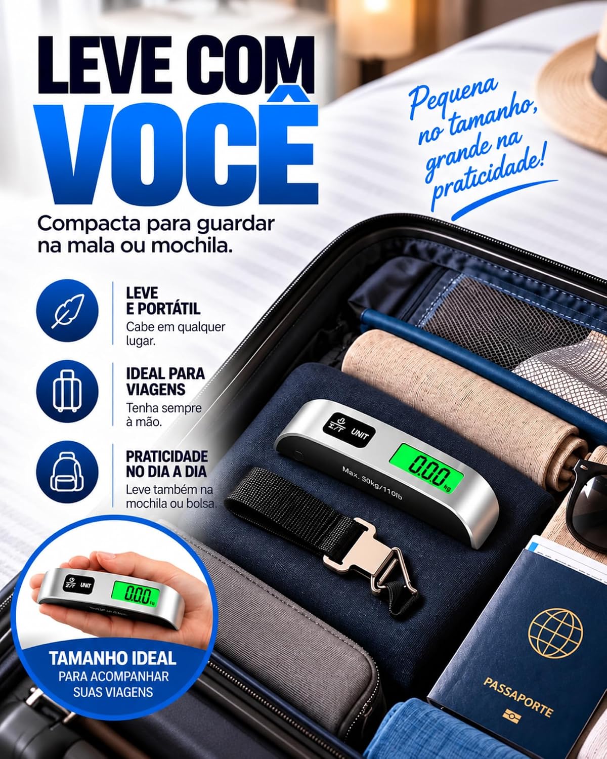 Balança Digital Portátil 50kg para Bagagem e Mala, Balança de Mão para Viagem com Visor LCD, Função Tara e Alta Precisão, Pesa Mala, Mochila e Sacola