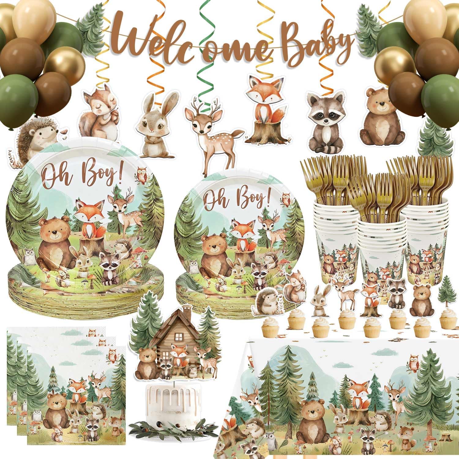 184pcs Woodland Animals Baby Shower Plates Set, Woodland Baby Shower Plates Napkins Cups Forks Tablecloth Banner Hanging Swirls Cupcake Toppers Balloons, 25 Guests
