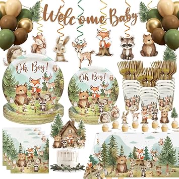 184pcs Woodland Animals Baby Shower Decorations Boys Serves 25