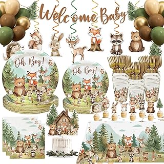 184pcs Woodland Animals Baby Shower Plates Set, Woodland Baby Shower Plates Napkins Cups Forks Tablecloth Banner Hanging Swirls Cupcake Toppers Balloons, 25 Guests