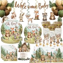 184pcs Woodland Animals Baby Shower Decorations Boys Serves 25 | Woodland Baby Shower Plates Napkins Cups Forks Tablecloth Banner Hanging Swirls Cupcake Toppers Balloons