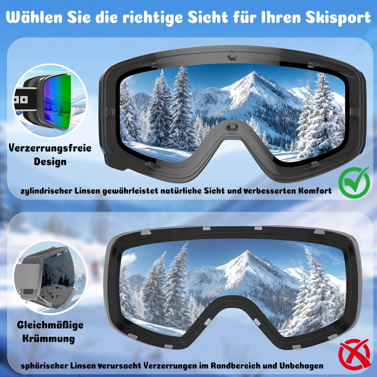 COOLOO Skibrille Kinder, Ski Brille für Brillenträger 100% UV-Schutz & Anti Fog Auswechselbare Linsen Rutschfestes Kopfband Kompatibler Helm Snowboardbrille für Kinder 3-14 Jahre