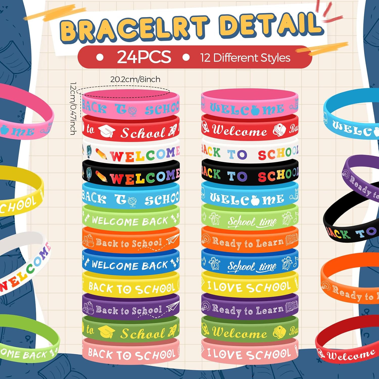 Sabary 48 Pcs Back to School Pencils Silicone Bracelets Set First Day of School Party Favor Bulk Pencils Bracelets Gifts for Reward Party Supplies(Bright Style,7.95'' Bracelet)