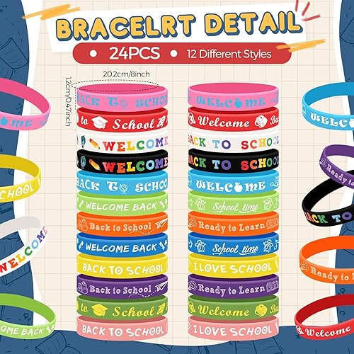 Miniatura 3 de Sabary Juego de 48 pulseras de silicona para el regreso a clases, recuerdos de fiesta para el primer día de escuela para niños, lápices a granel,