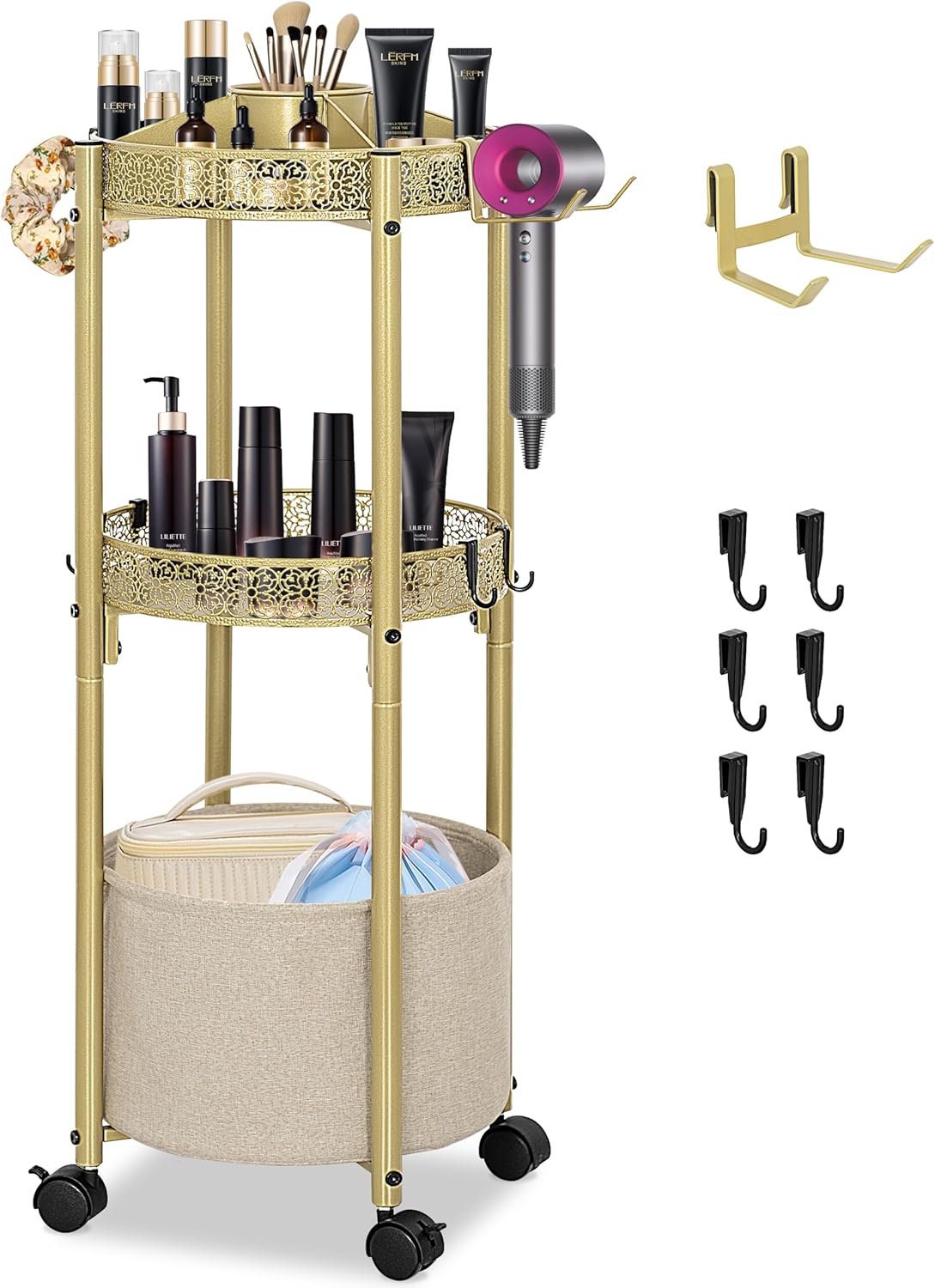 3-Tier Rolling Makeup Organizer Cart with Hair Dryer Holder - Salon-Grade Cosmetic Organizer, Mobile Bathroom Storage Cart for Skincare, Makeup Essentials -Locking Wheels (Gold Finish)