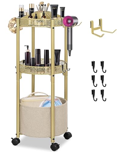 NauwaBarn 3-Tier Rolling Makeup Organizer Cart with Hair Dryer Holder - Salon-Grade Cosmetic Organizer, Mobile Bathroom Storage Cart for Skincare, Makeup Essentials -Locking Wheels (Gold Finish) - Gold