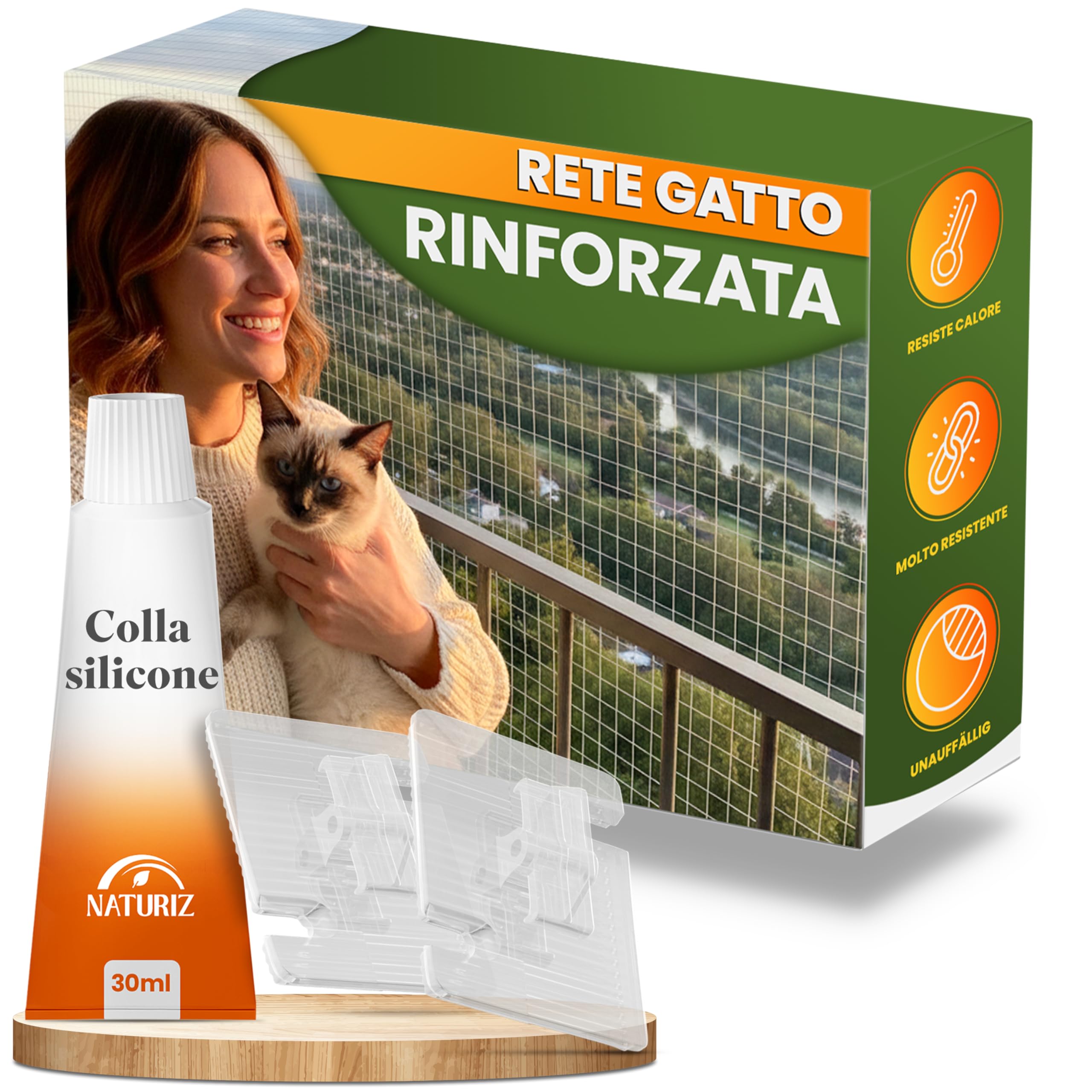 Naturiz Rete per gatti per balcone senza foratura, 3 x 4 m, rinforzata con filo trasparente/bianco, griglia per gatti con gancio adesivo – Rete di protezione per gatti per balcone e finestre, rete da