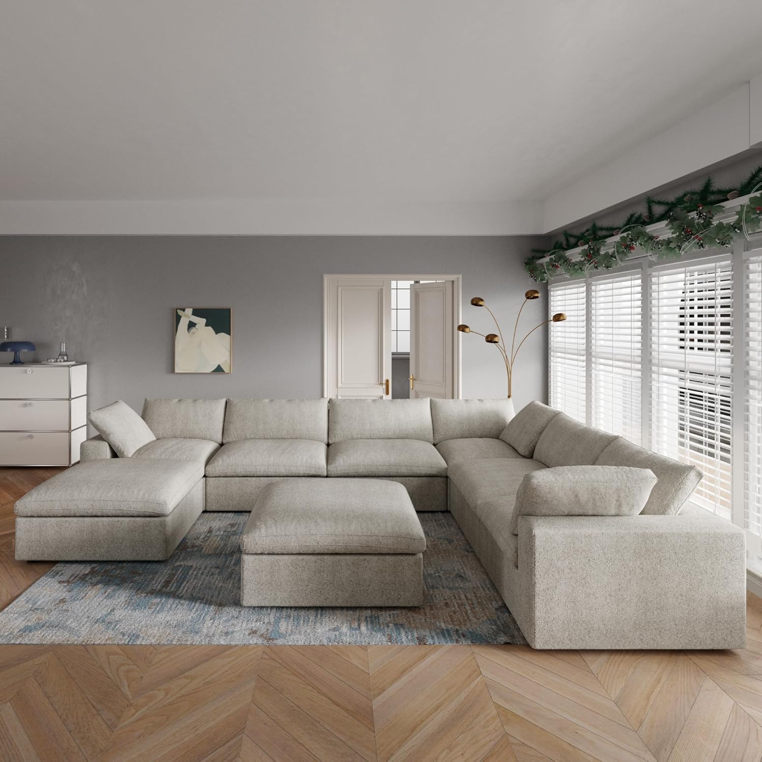 JACH 160" Cloud Sectional Couch, Overzised Down Filled Comfy Couch, 8 Seater Convertible Modular Cloud Sofa for Living Room, Minimalist Deep Seat Modern Couches,Sofa Cover Removable, Khaki