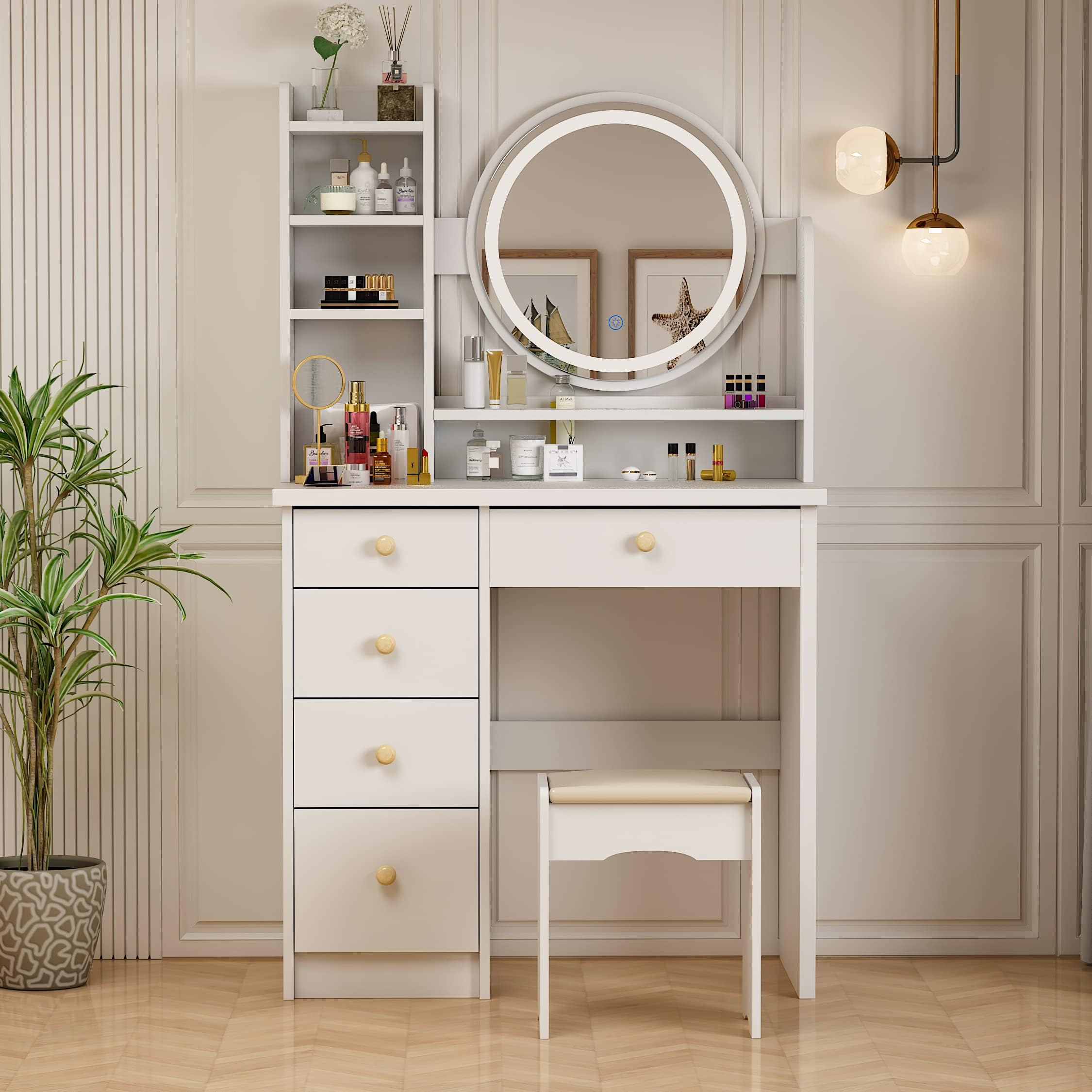 Petite Coiffeuse Ancienne Avec Miroir Biseauté Et 4 Tiroirs - Meuble Coffre Bijoux