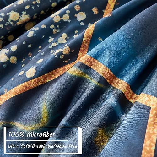 Miniatura 5 de ZRNBAST Juego de edredón King de 7 piezas con sábanas azul oscuro geométrico de panal de abeja, juego de edredón ligero con ribete dorado estampado