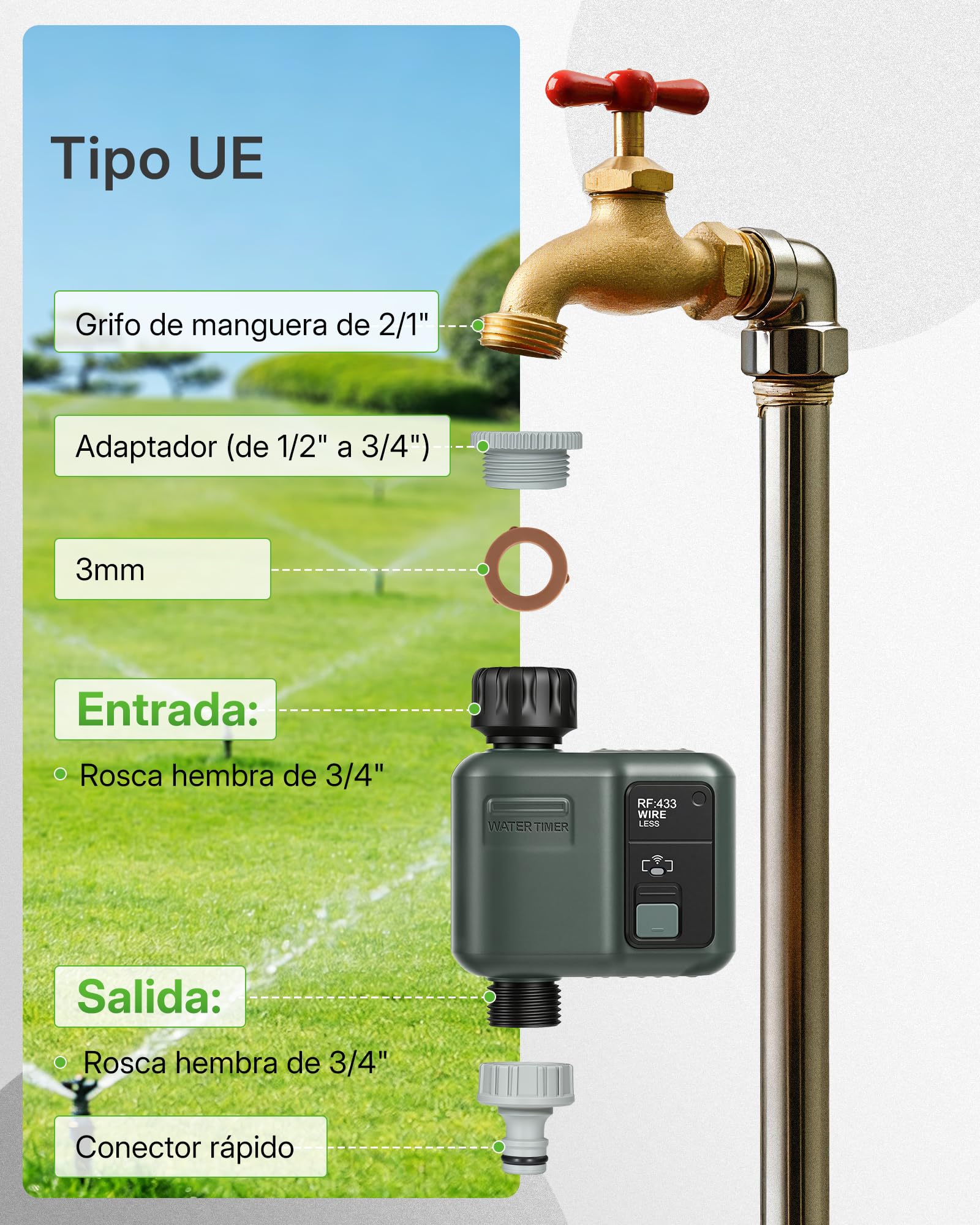 Ordenador de Riego WiFi, Temporizador de Manguera, Programador de Aspersores, Riego Inteligente, Modo Automático y Manual, Alcance 300 m, para Jardín, Césped, Terraza, Verde Oscuro ZD31WTD06