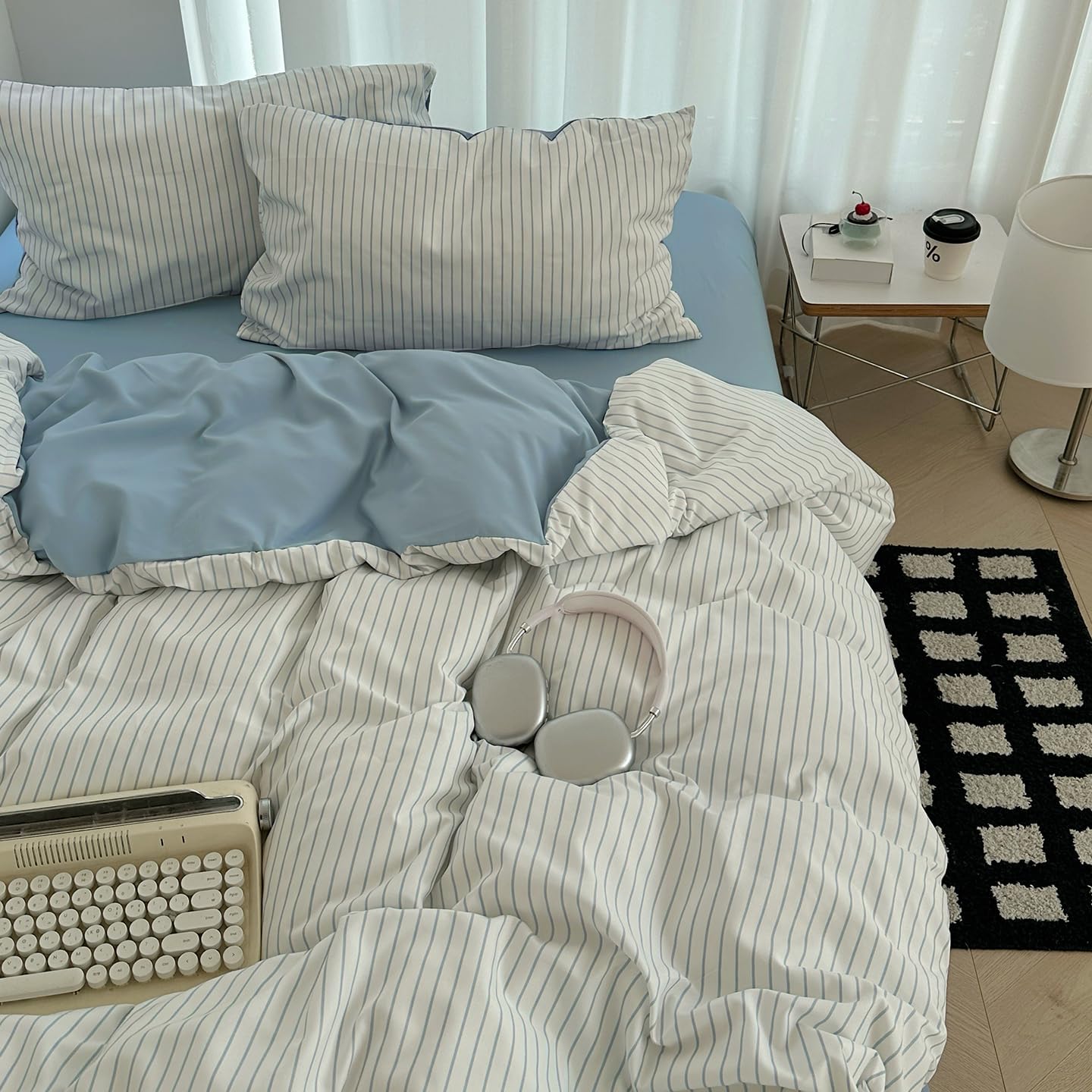 Nayoroom Blue Striped Duvet Cover Queen Size 100% Washed Cotton Duvet Cover Linen Like Textured, Reversible 3 Pieces Soft Breathable Yarn-Dyed Stripe Girls Dorm Bedding Set for All Seasons