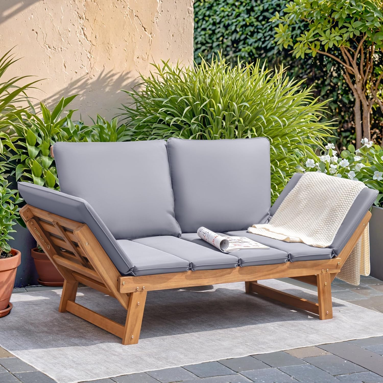 Devoko Acacia Wood Outdoor Convertible Sofa Couch with Adjustable Backrests, Removable Cushions & Pillows - Grey Patio Daybed