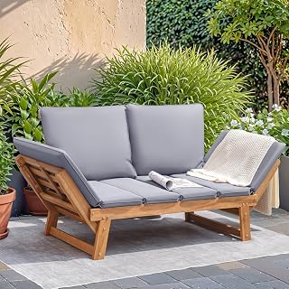 Devoko Acacia Wood Outdoor Convertible Sofa Couch with Adjustable Backrests, Removable Cushions & Pillows - Grey Patio Daybed