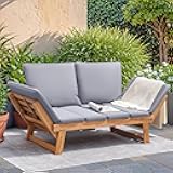Devoko Outdoor Couch Acacia Wood Patio Couch with Adjustable Armrests, Outdoor Convertible Sofa with Removable Cushions & Pillows for Patio, Porch, Poolside(Grey)
