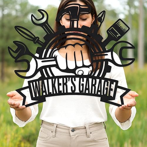 Miniatura 140 de Letrero personalizado de taller de garaje para hombres – Arte de pared de metal con nombre personalizado para entusiastas de autos, constructores y