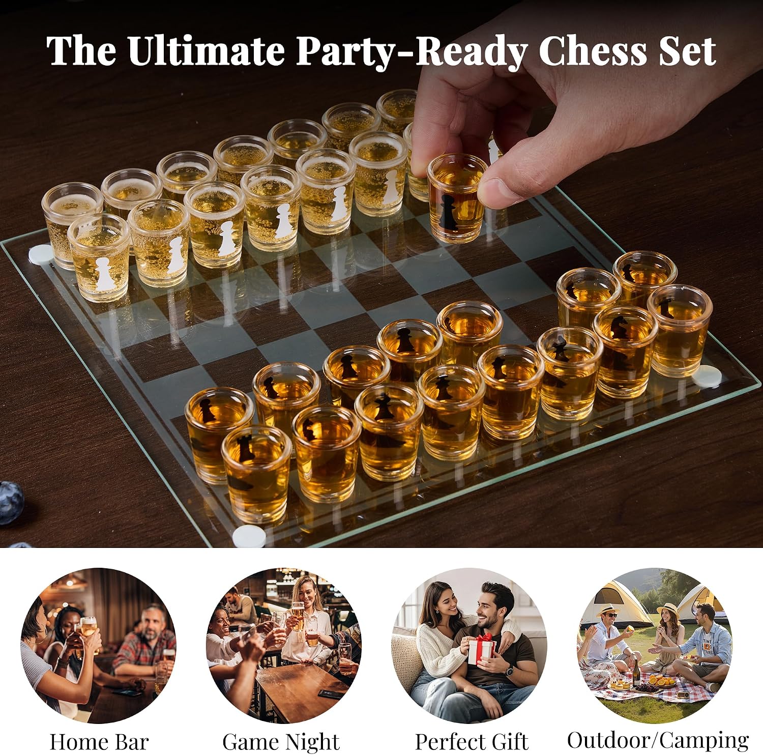 Szachy Imprezowe Shot Glass Gra Alkoholowa z 32 Kieliszkami i Szklaną Planszą Śmieszna Gra na Imprezę dla Dorosłych Pomysł na Prezent dla Niego i Znajomych