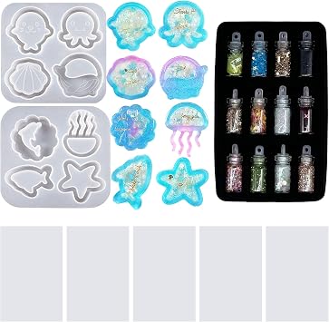 Resin Casting Shaker Molds Set, Shell Quicksand Silicone Molds with PVC Sheets, Resin Shaker Molds for Pendant Jewelry Keychain Decoration Craft Making DIY