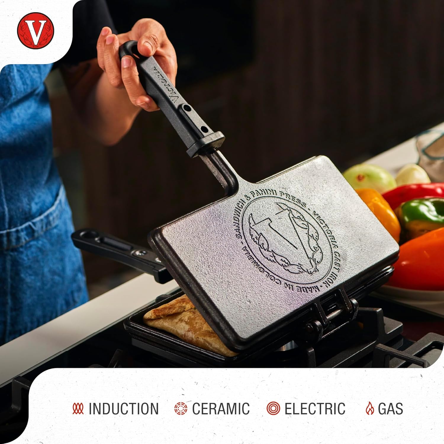 Victoria Cast Iron Panini Maker, Preseasoned Cast Iron Sandwich Maker and Pie Iron with Heat-Resistant Handle, Made in Colombia