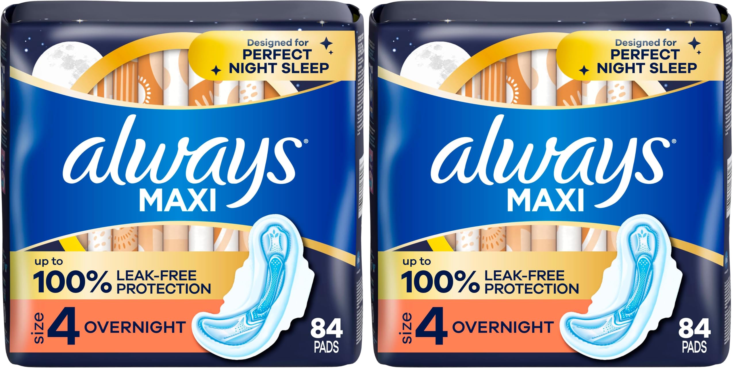 Always Maxi Overnight Pads with Wings for Women, Size 4, Overnight Absorbency, Unscented,84 Count (Pack of 2)