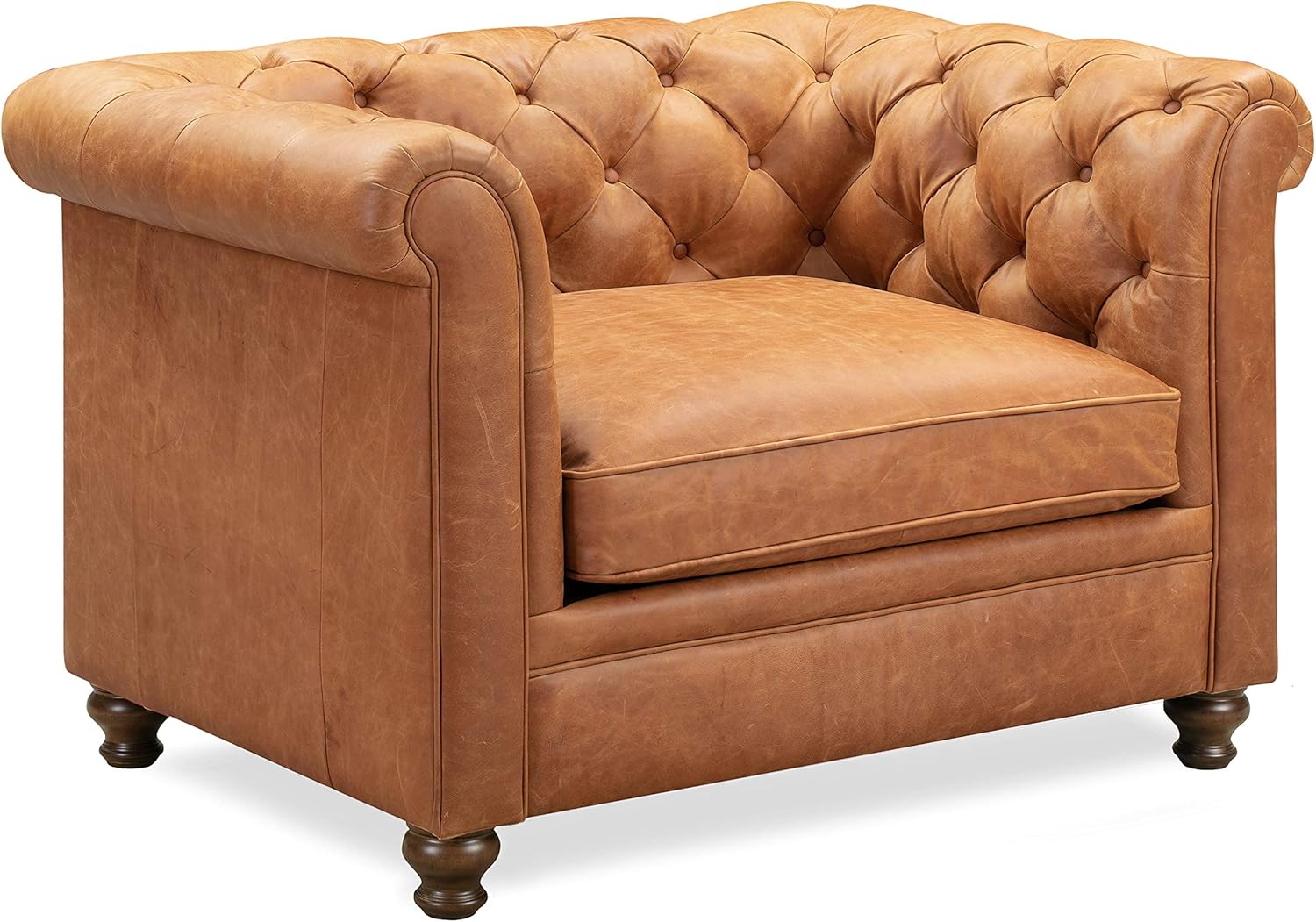 Poly & BARK Lyon Leather Lounge Chair 49" – Cognac Tan Full-Grain Leather Upholstery – Modern Upholstered Accent Chair for Living Room or Bedroom – Indoor Lounge Seating with Lasting Comfort