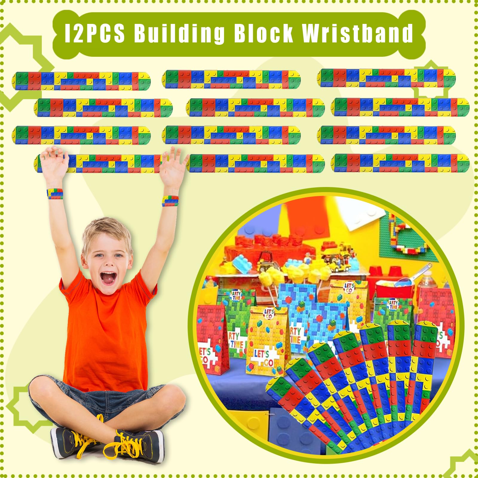 86 Pezzi Di Mattoncini da Costruzione,12 Braccialetti Slap Per Bambini, 12 Lego Portachiavi, 12 Sacchetti Regalo Per Compleanno-Per-Bambini,Addobbi Articoli Feste A Blocchi Costruzione,Per B-ambini