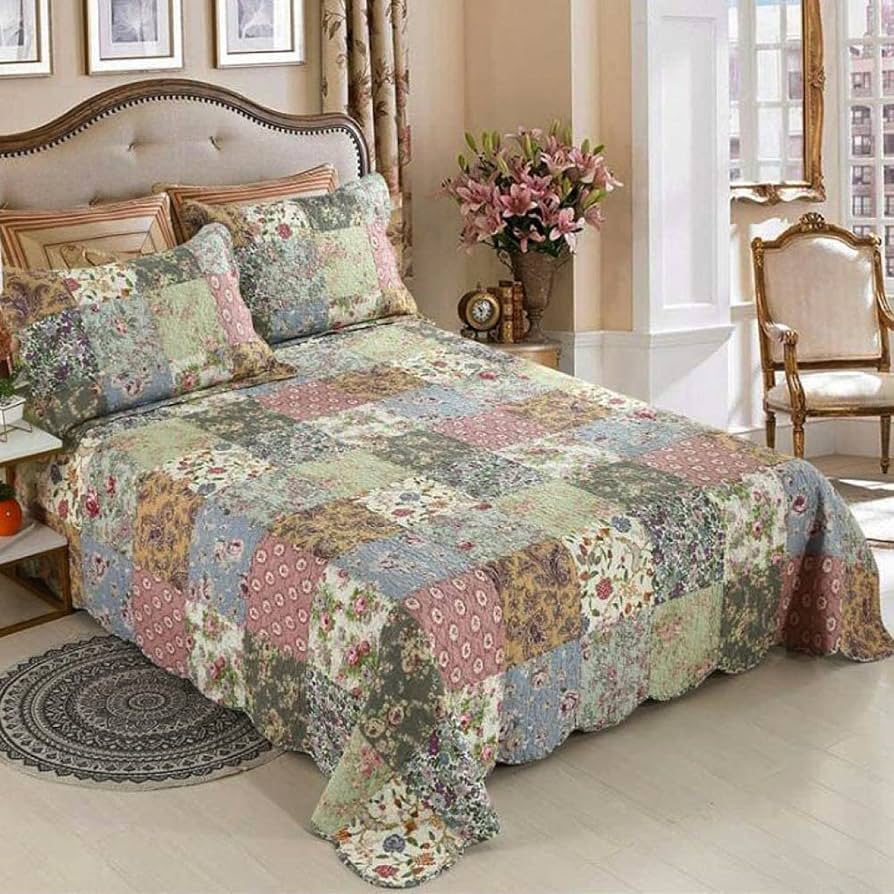 パッチワークキルトベットカバー　ハンドメイド ハンドメイド パッチワーク キルト ベッドカバー フラワー