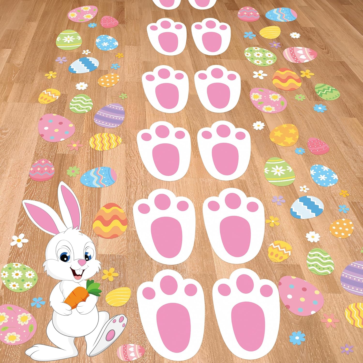 9 Sheets Easter Bunny Footprint Stickers Easter Bunny Paw Print Floor Decal Clings Cute Rabbit Feet Egg Flower Decal Stickers for Holiday Party Egg Hunt Game Home Wood Floor Wall Window Decorations