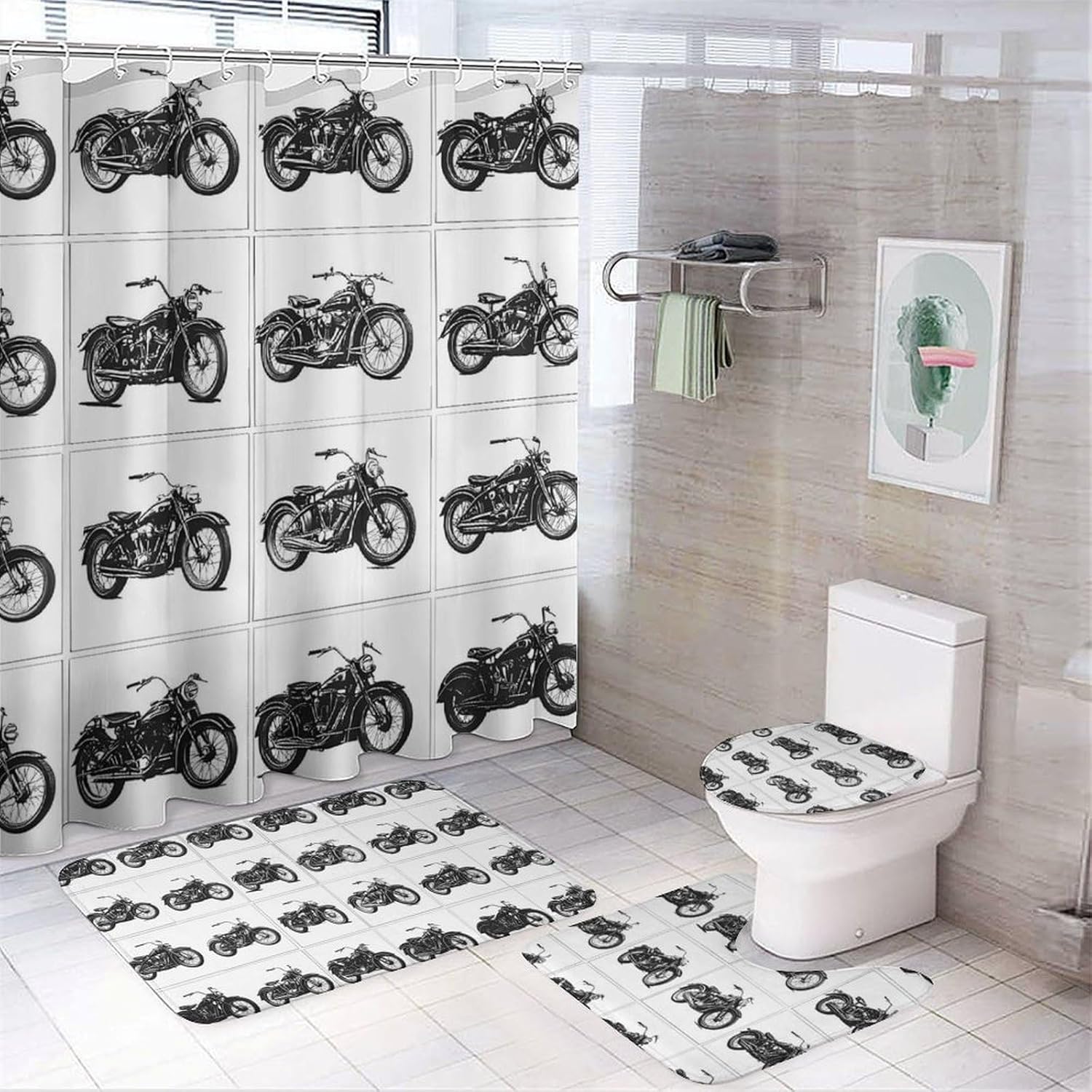 Black and White Motorcycle Bathroom Sets with Shower Curtain and Rugs 4 Piece with U-Shaped Floor Mat Toilet Lid Cover