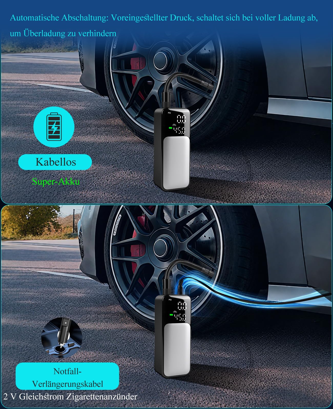 Elektrische Luftpump Akku-Luftpumpe Auto & Fahrrad – 150 PSI, 8000mAh, LED-Leuchte, Digitalanzeige, Automatische Abschaltung, Portable Reifenpumpe für E-Bike & Auto