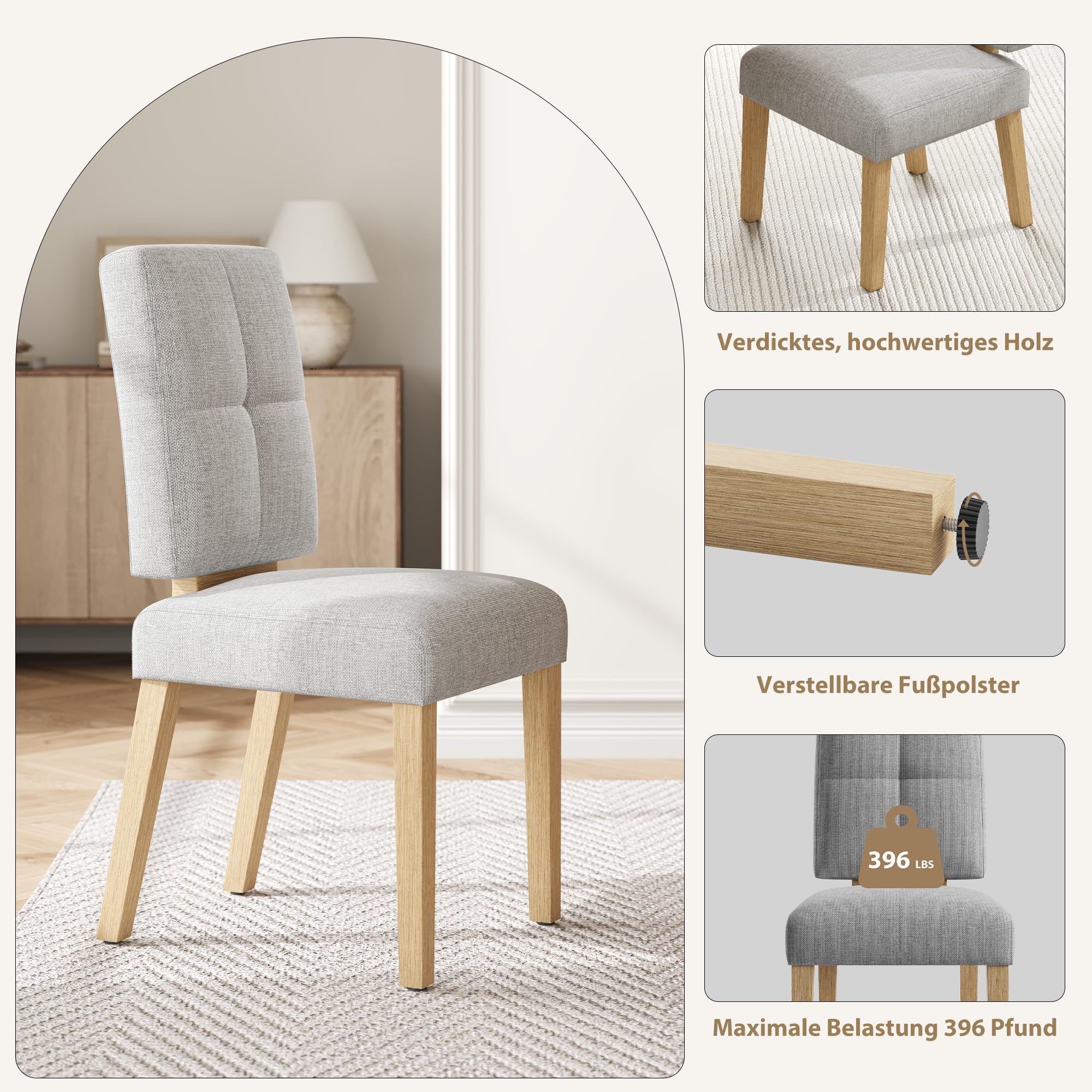 HOMRELEXA Holz esszimmerstühle 4er Set, küchenstühle 4er Set, Dining Chairs mit wolkig-weicher Sitzpolsterung und verstärkter Struktur, für Küche/Wohnzimmer/Essbereich, einfach zu montieren, Grau
