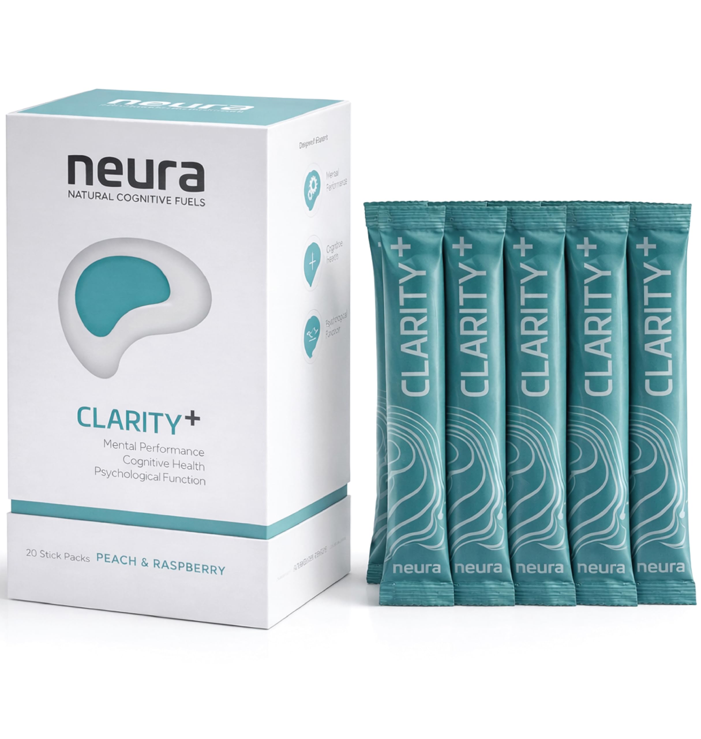 Neura - Clarity+ - Natural Brain Supplement Nootropic for Memory, Focus & Mood - White Peach & Raspberry Flavour - Dosed Lion's Mane Mushroom, Green Tea Extract - 20 Sachets