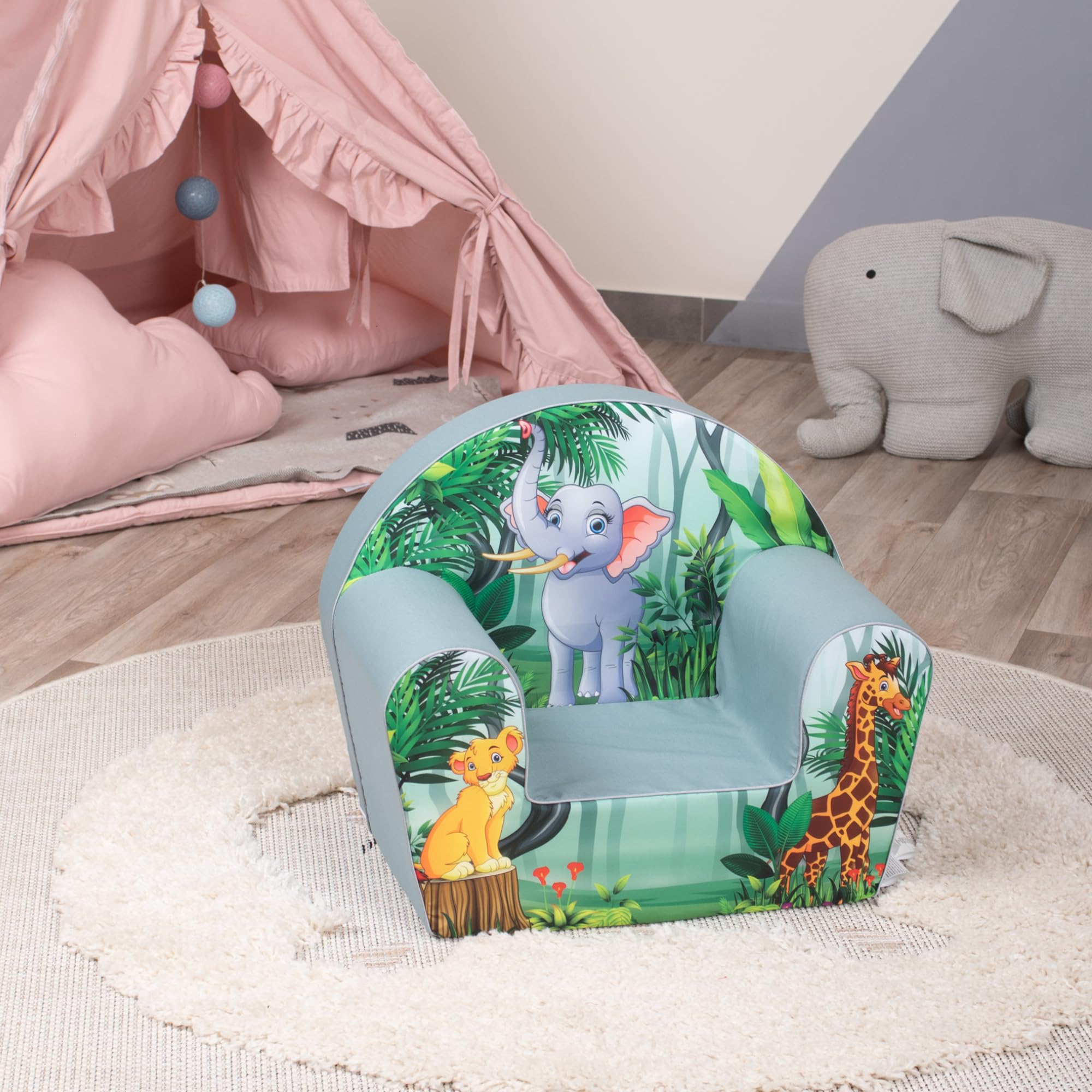 Fauteuil Enfant Animaux de la Jungle Rond, Housse Lavable | Pour chambre d'enfant, confortable et léger, rembourrage en mousse douce