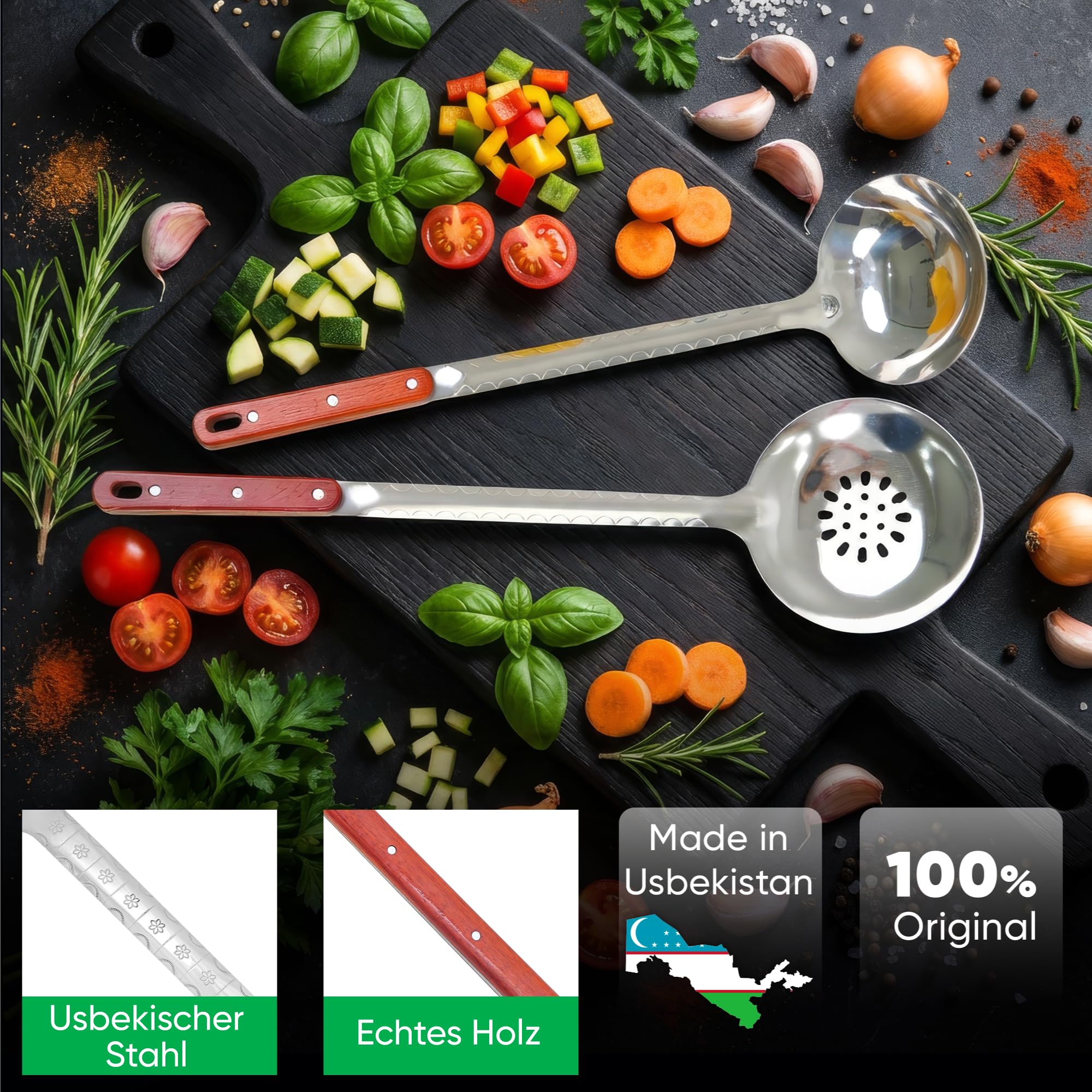 Set - Usbekischer Gusseisen Kasan 10 L runder Boden, Deckel aus Aluminiumguss Schaumlöffel für Plov, Schöpfkelle, Thermometer (294)