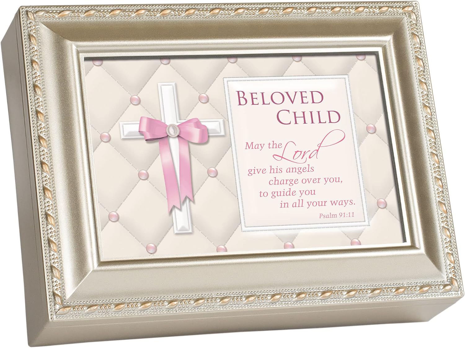 Cottage Garden Beloved Child Champagne Silver Rope Trim Music Box Plays Jesus Loves Me