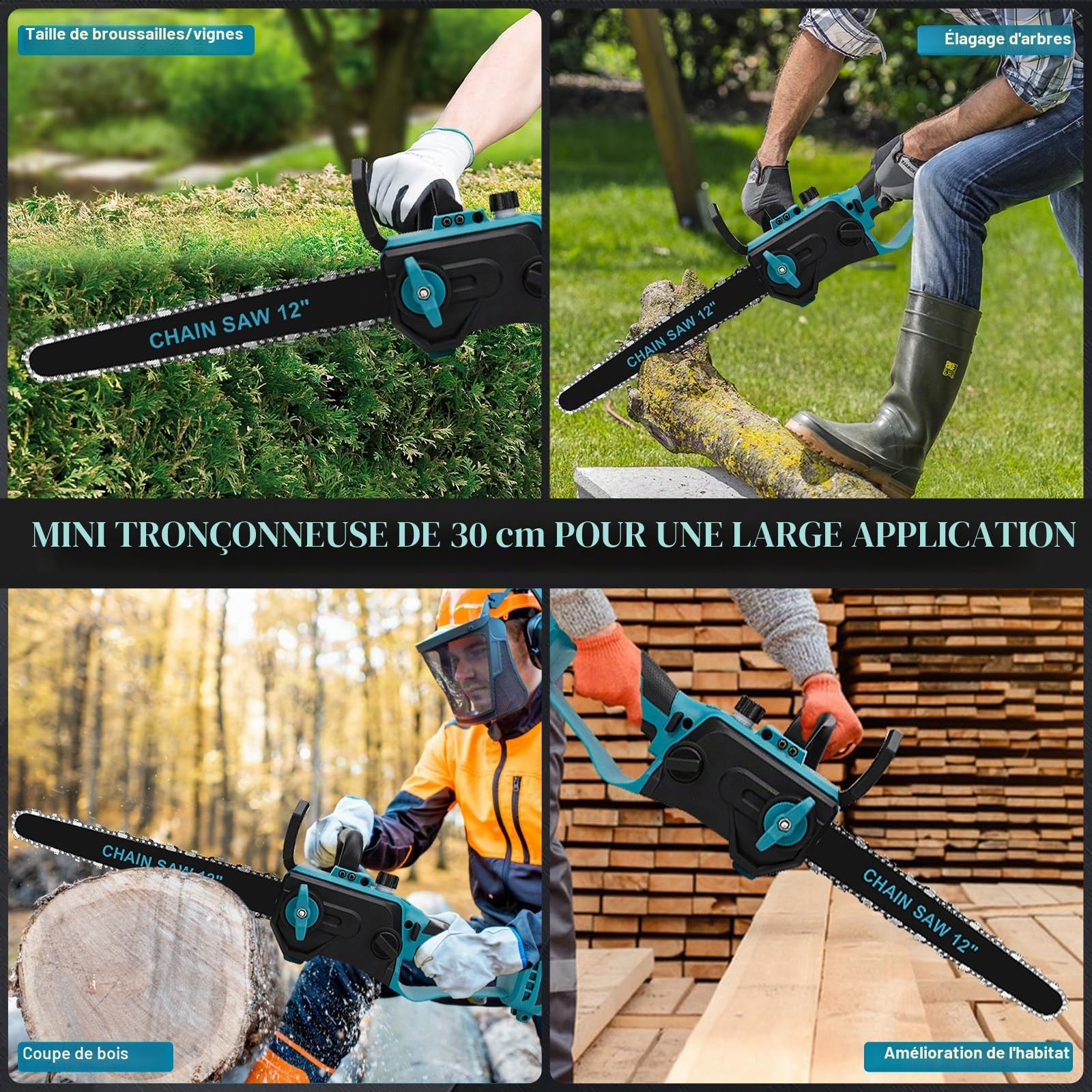 WingFly Tronçonneuse à Batterie 12 Pouces Compatible avec Makita 18 V, Tronçonneuse Électrique sans Fil, Vitesse de Chaîne 10 m/s, Mini Scie à Chaîne, 2 Chaînes (sans batterie)
