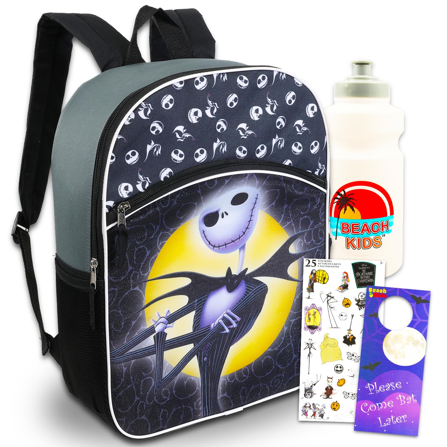 Nightmare Before Christmas Backpack Set - Bundle with 16” Jack Skellington Backpack Plus Water Bottle, Stickers, More | Nightmare Before Christmas