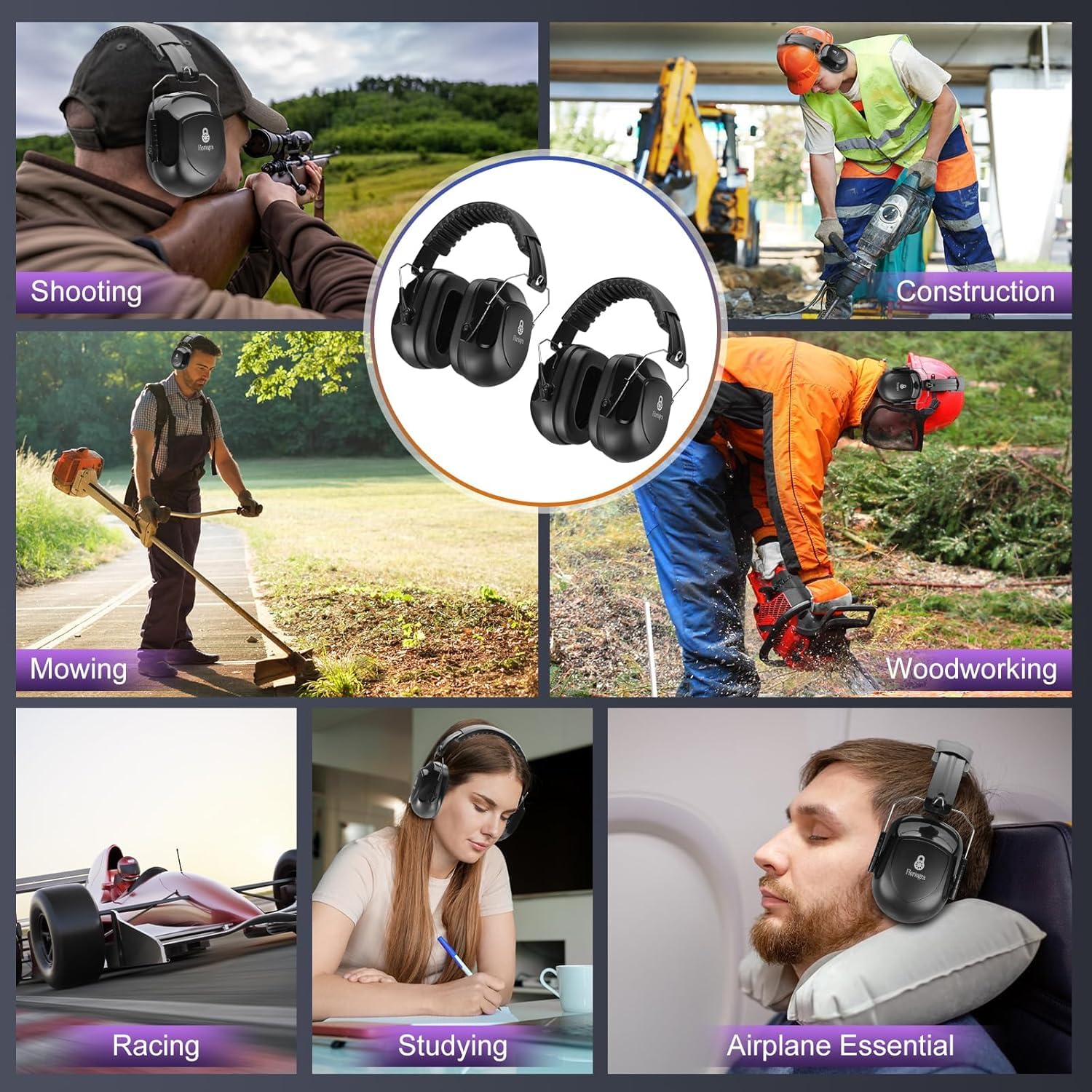 Floriogra Pack de 2 Protectores Auditivos SNR 31 dB, Protección Auditiva Ajustable y Cómoda para Adultos, Protección Contra el Ruido, Auriculares para Construcción y Jardinería