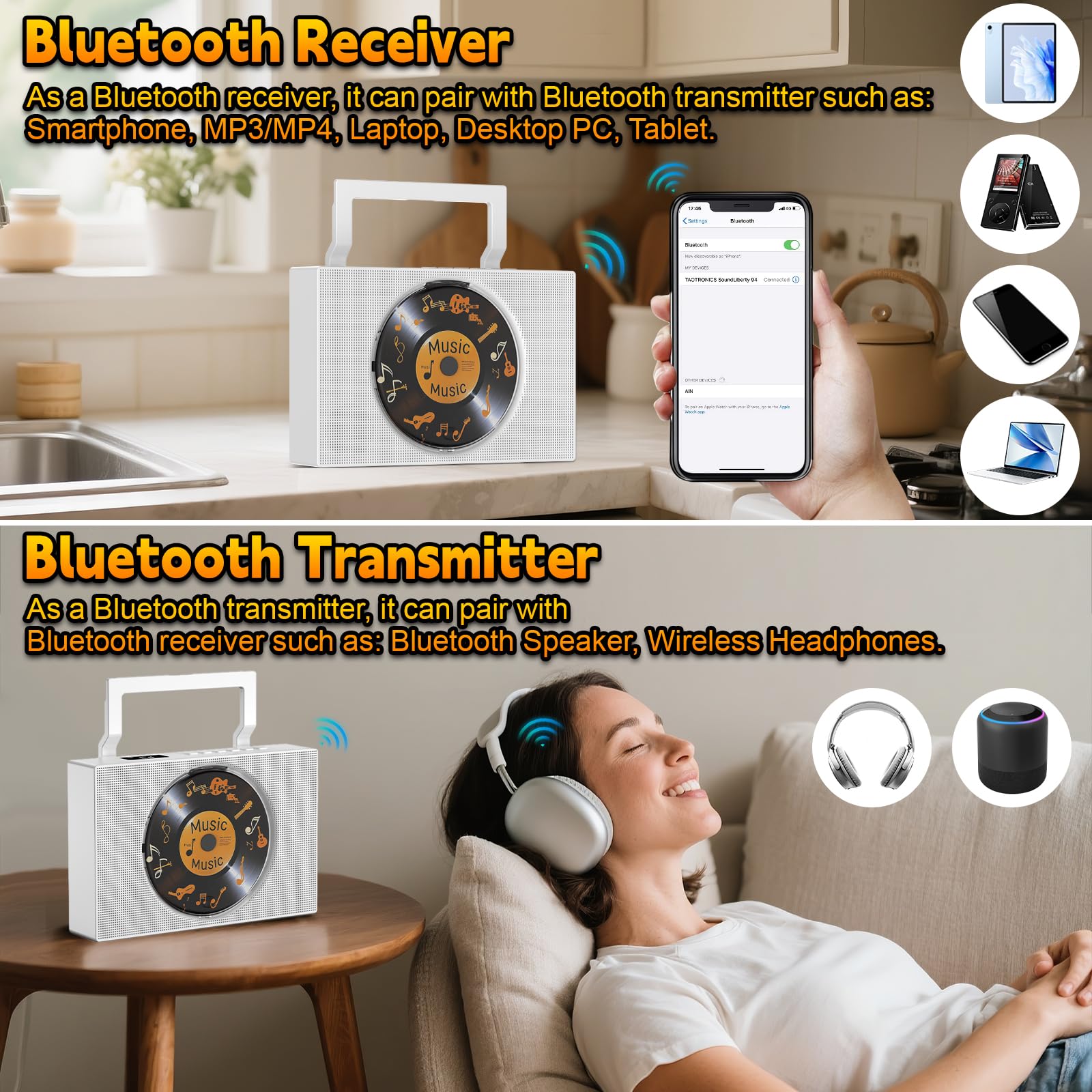 Lecteur CD Bluetooth Radio FM avec Poignée Haut-parleurs Télécommande AUX 3,5 mm Prise Casque USB Type-C Lecteur MP3