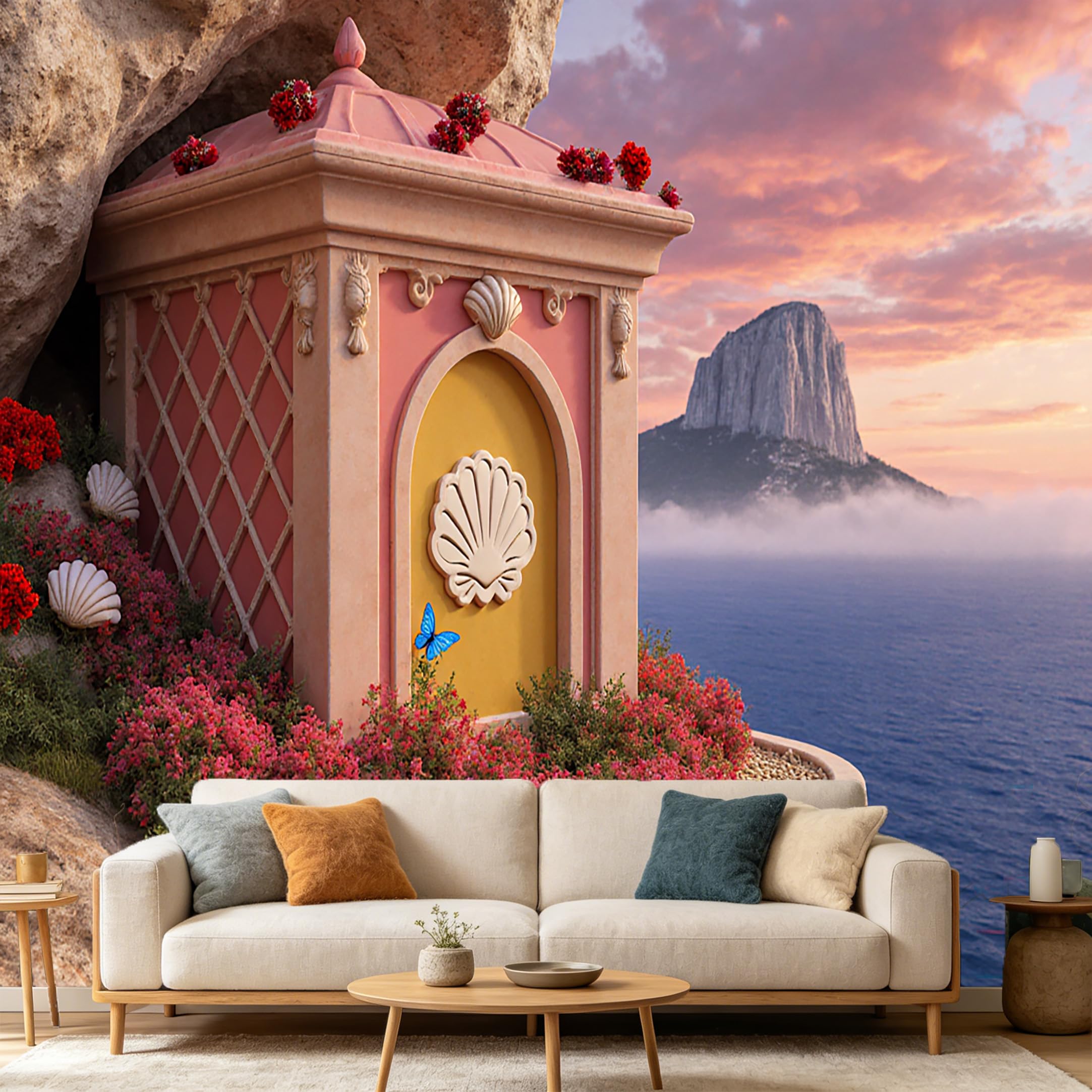 Custom Size Wall Mural， Coastal Mediterranean Villa Mountain Ocean Sunset 3D Trompe L'Oeil， SelfAdhesive Art Prints wall Fabric Removable Large Wallpaper Home Living Room Decor