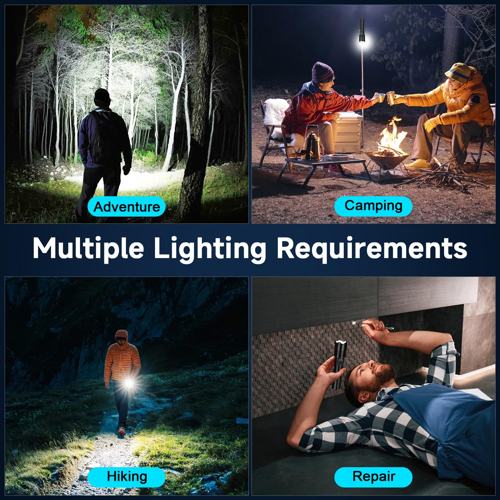 Lot de 4 lampes de poche rechargeables haute luminosité, 99 000 lumens, super lumineuses, 5 modes réglables, puissantes, pour la maison, le camping, la randonnée