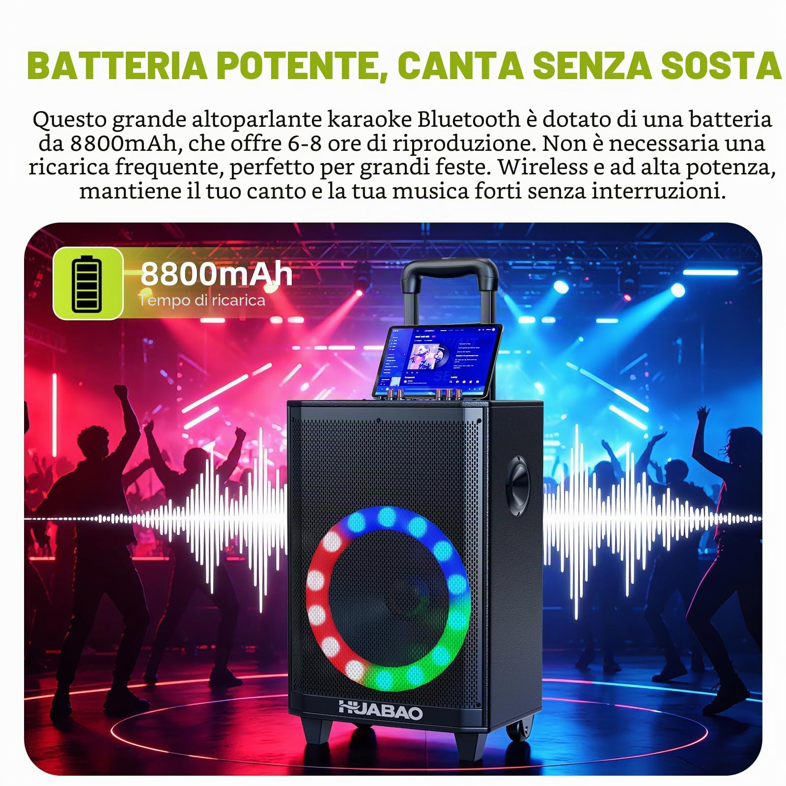 Grande altoparlante Bluetooth per karaoke con 2 microfoni wireless, sistema a 11 altoparlanti con batteria da 8800mAh, sistema PA su carrello con luci, telecomando, FM/AUX/USB/TF, bassi e alti