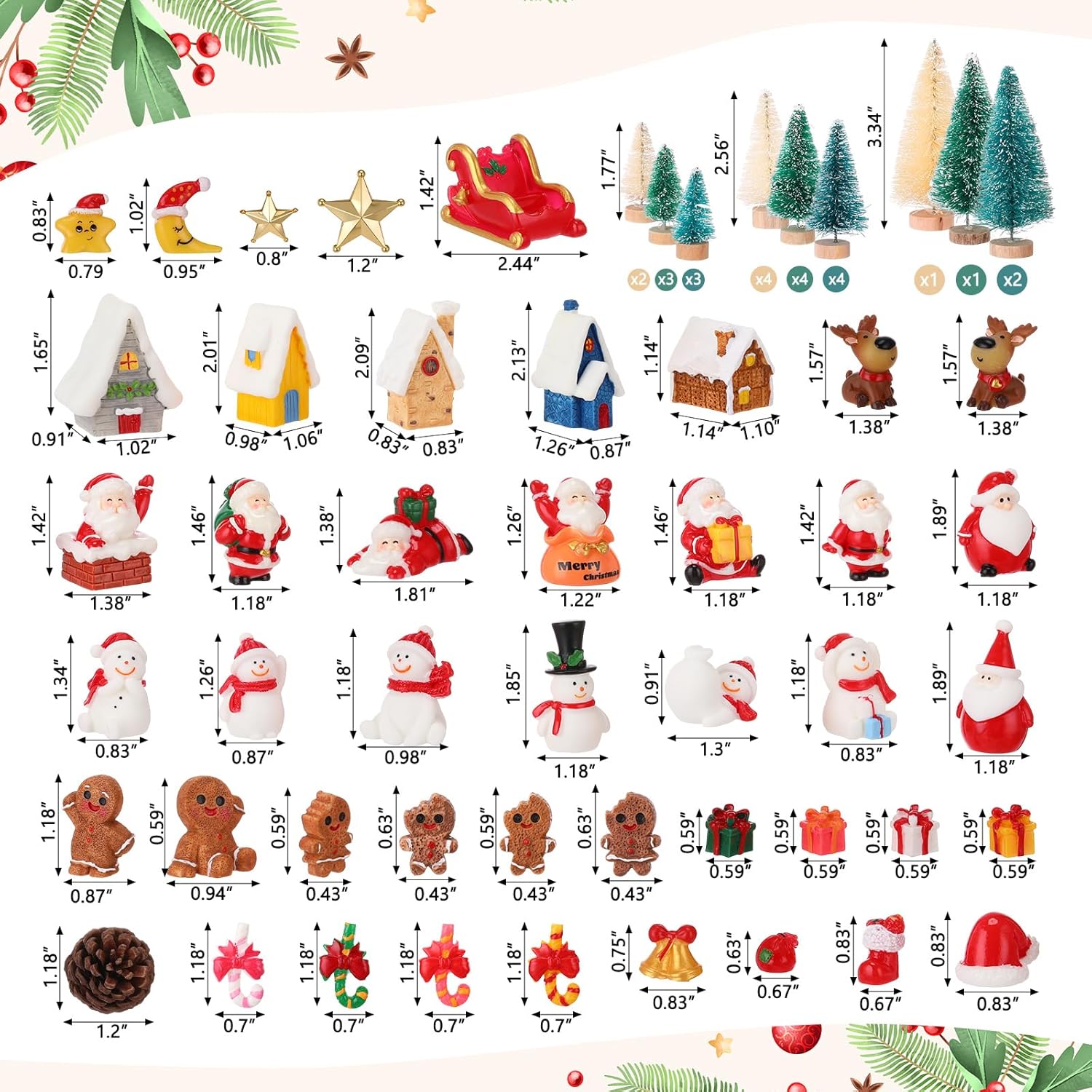 Roowest 150 Pcs Miniature Christmas Figurines for Snow Globe Kit DIY Crafts Mini Resin Ornaments with Santa Claus Stars Snowman Elk Reindeer Mini Christmas Trees Village Decorations