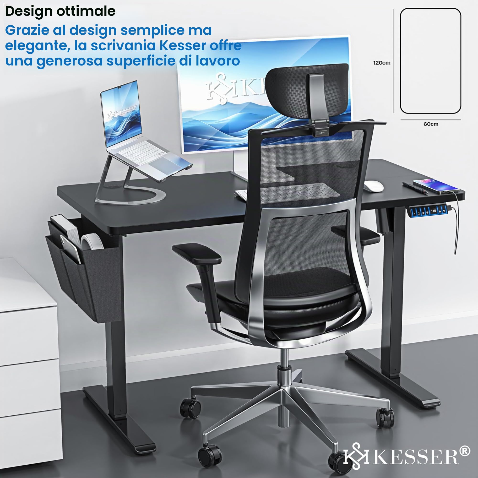 KESSER® Scrivania elettrica regolabile in altezza, Scrivania ergonomica per postura eretta, Controllo di memoria a 3 funzioni, incl. Ruote a 360° e Porta di ricarica USB, 100x60 cm - Nero