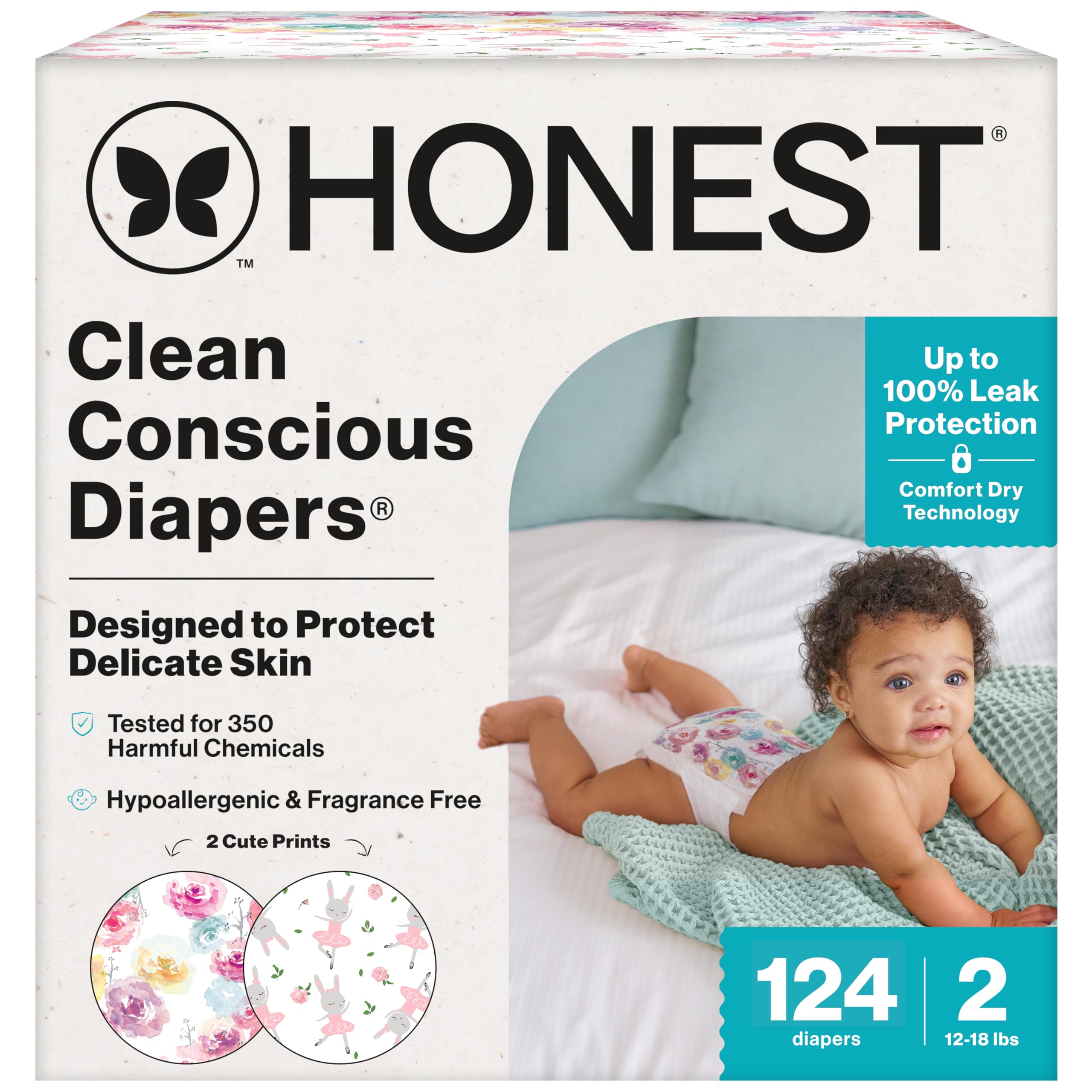 The Honest Company Comfort Dry Disposable Diapers for Sensitive Skin, Hypoallergenic, Fragrance-Free, Rose Blossom + Tutu Cute, Super Club Box, Size 2