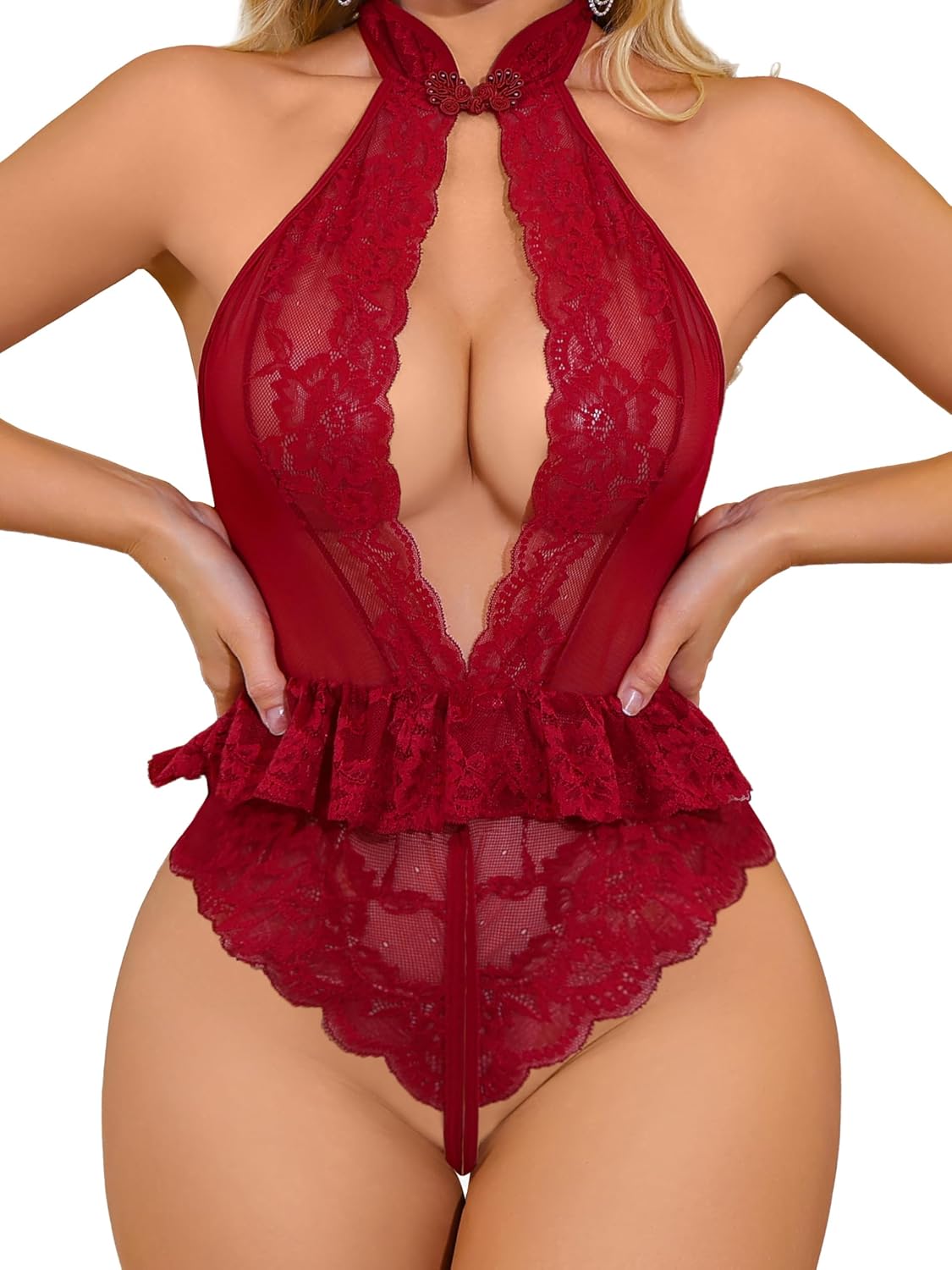 Donnalla Sexy Lace Teddy Bodysuit for Women Deep V One Piece Babydoll Mesh Sleepwear Nightwear Lingerie