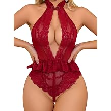 Donnalla Sexy Lace Teddy Bodysuit for Women Deep V One Piece Babydoll Mesh Sleepwear Nightwear Lingerie