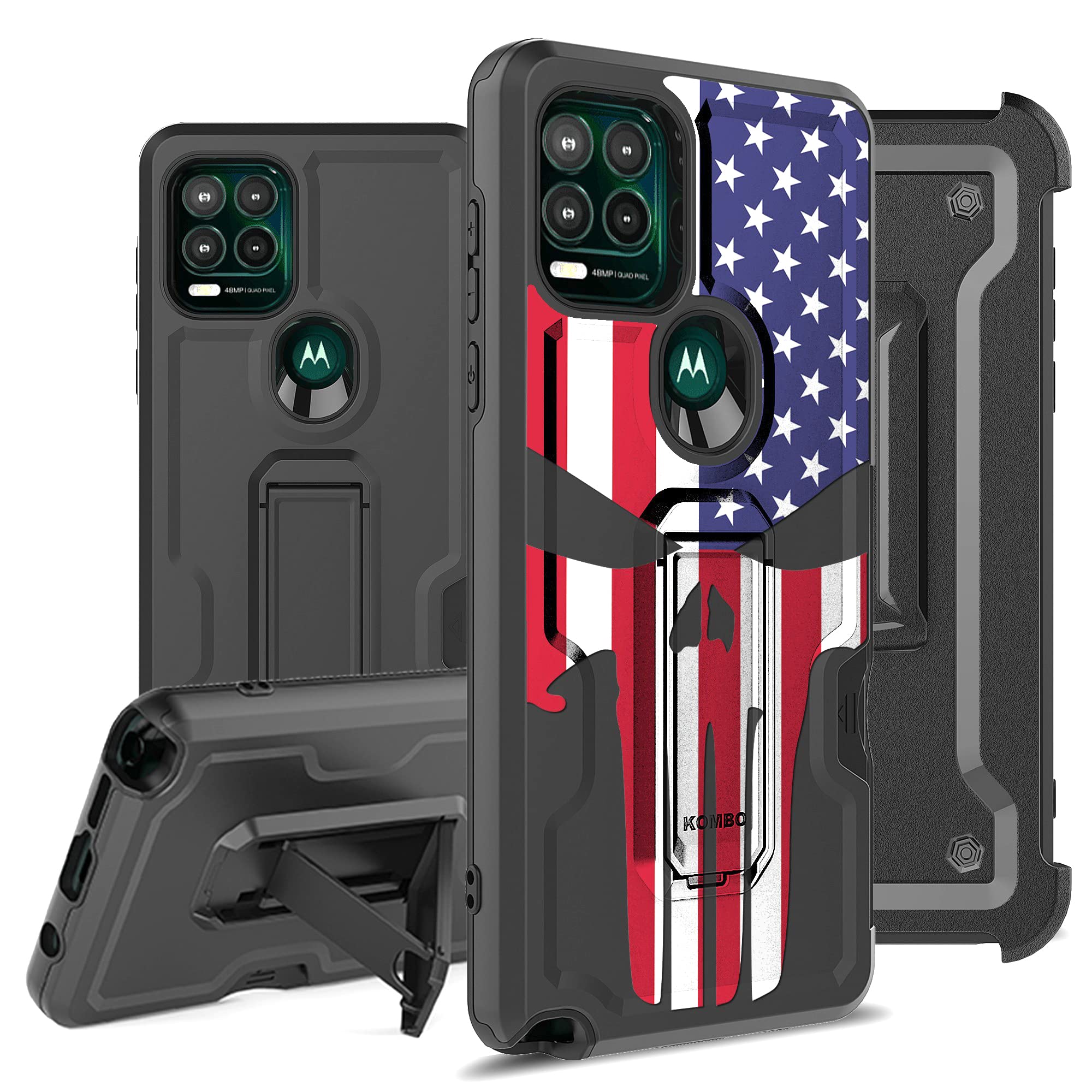 BEYOND CELL Compatible with Moto G Stylus 5G (2021) Armor Kombo Kickstand Case with Belt Clip Holster, Hybrid Rugged Heavy Duty Shockproof Drop Protection Us Flag Skull