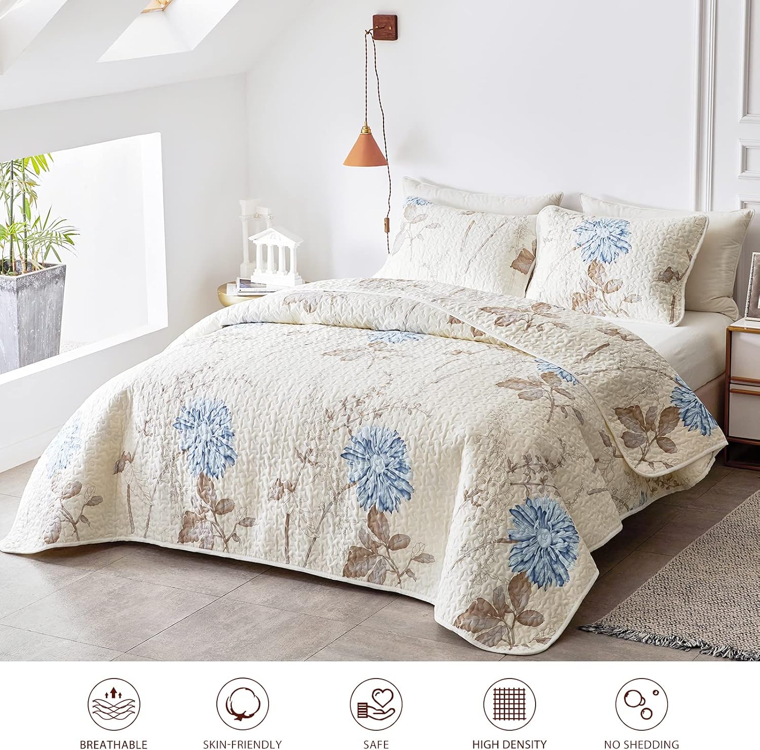 Joyreap 3 Pieces Microfiber Quilt Set, Elegant Flower Botanical Reversible Design, Bedspread Bed Cover for All Season, 1 Quilt and 2 Pillow Shams (Full/Queen, 90x90 inches)
